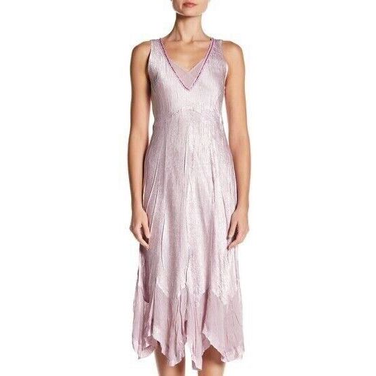 New $398 Komarov [ Medium ] V Neck Asymetrical Crinkled Dress Vintage Rose
